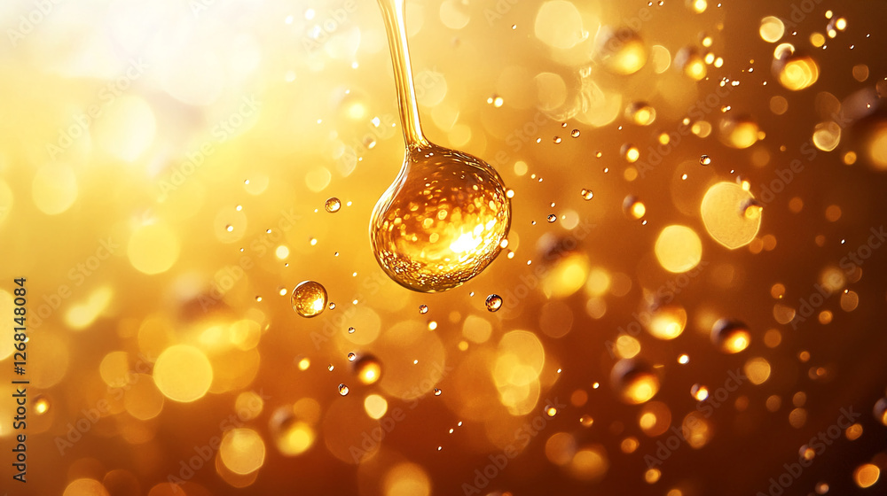 Aufkleber close-up of golden water droplets floating in the air with a shimmering bokeh background, representi