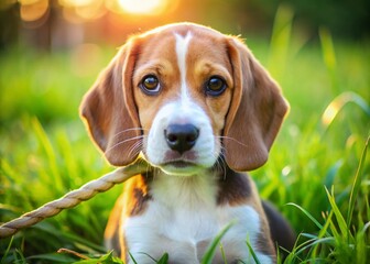 Beagle Puppy Close-Up Portrait with Stick, Green Grass Background - Adorable Dog Photo