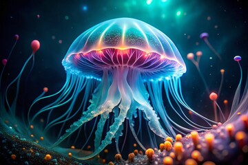 Fototapeta premium Bioluminescent Jellyfish Underwater Dark Ocean Night - Glowing Sea Creature Stock Photo