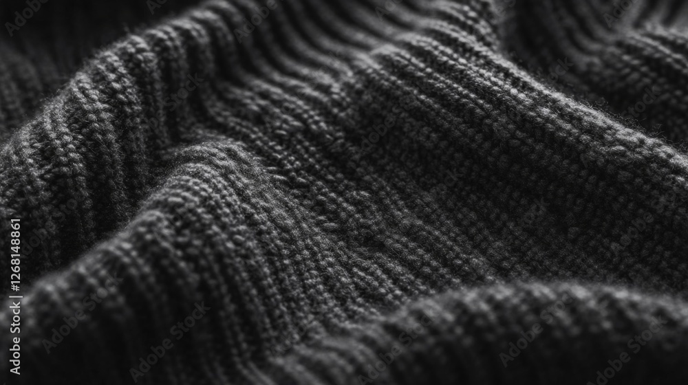 Poster detailed macro of black knitted fabric with wavy pattern and soft texture