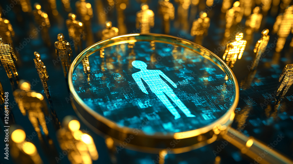 Poster a magnifying glass focused on a digital figure representing a person in a futuristic world of binary