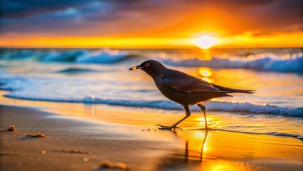Black Bird Foraging on Beach at Sunrise - Coastal Wildlife Stock Photo
