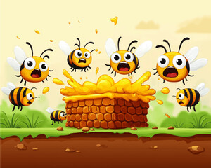 Obraz premium Vibrant Vector Image of Cartoon Bees Astonished by Overflowing Honeycomb Honey in a Nature Setting Perfect for Kids' Education and Entertainment