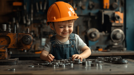 Industrial workshop scene with a happy little boy in an orange safety helmet playing with mechanical tools, future engineer concept, childhood creativity and learning in the workshop environment
