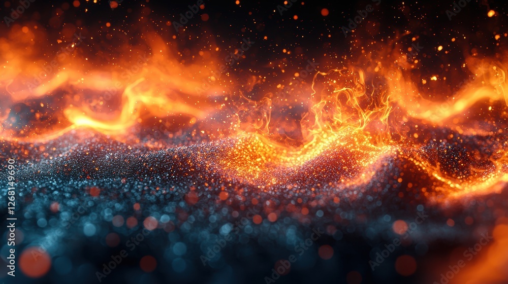 Poster an abstract representation of flowing lava with glowing particles.