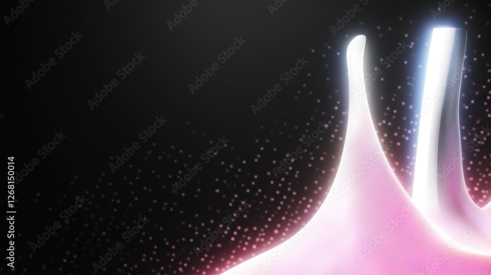 Poster abstract digital design with flowing shapes and particles on a dark background.