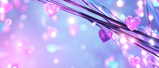 Colorful heart-shaped decorations hanging on shimmering wires create a festive atmosphere for celebrations and events at evening gatherings abstract background in neon hearts, bright shades, iridescen