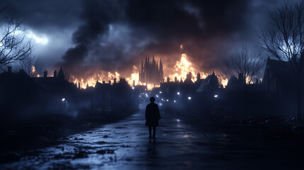 Fototapeta premium Fire engulfs city skyline as a solitary figure stands in the foreground during a dramatic night scene A dinosaur soaring through the sky with outstretched wings, surrounded by burning flames, horror a