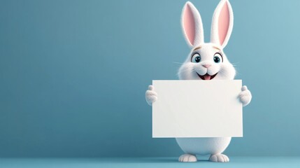Happy cartoon easter bunny holds a large white sign against a smooth blue background