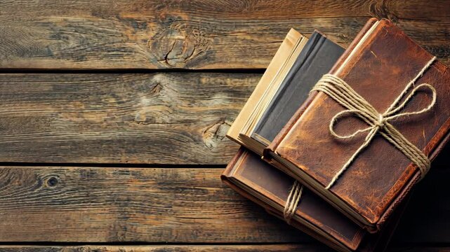 Elegant stack of vintage books tied with string on rustic wooden surface in warm lighting