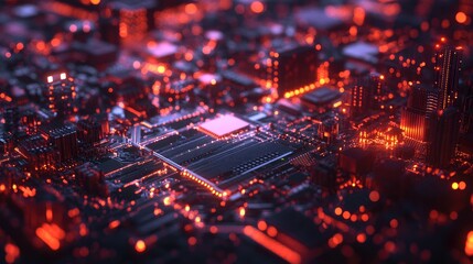 Abstract Cityscape Formed by Illuminated Circuit Board