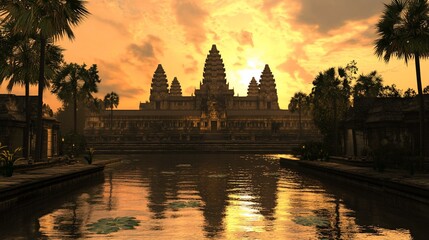 Fototapeta premium Sunrise over Angkor Wat temple reflected in water.