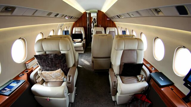 Elegant and spacious interior of a luxury private jet, featuring comfortable seating and a stylish, modern design.

