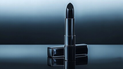 Fototapeta premium Elegant Black Lipstick Tube with Silver Accents on Reflective Surface in Studio