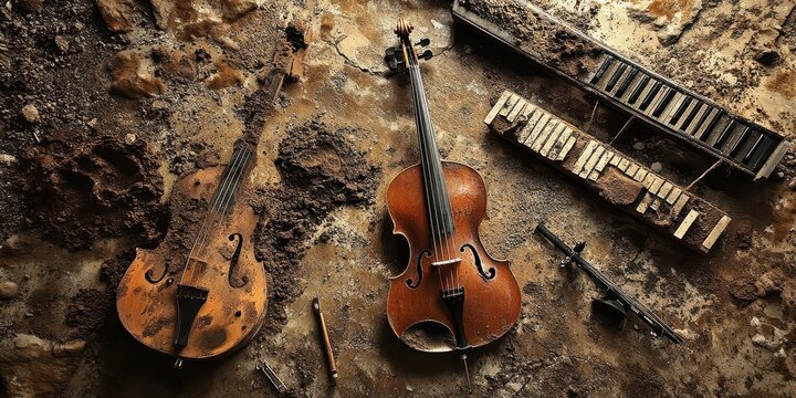 Musical instruments found buried in what looks like earth