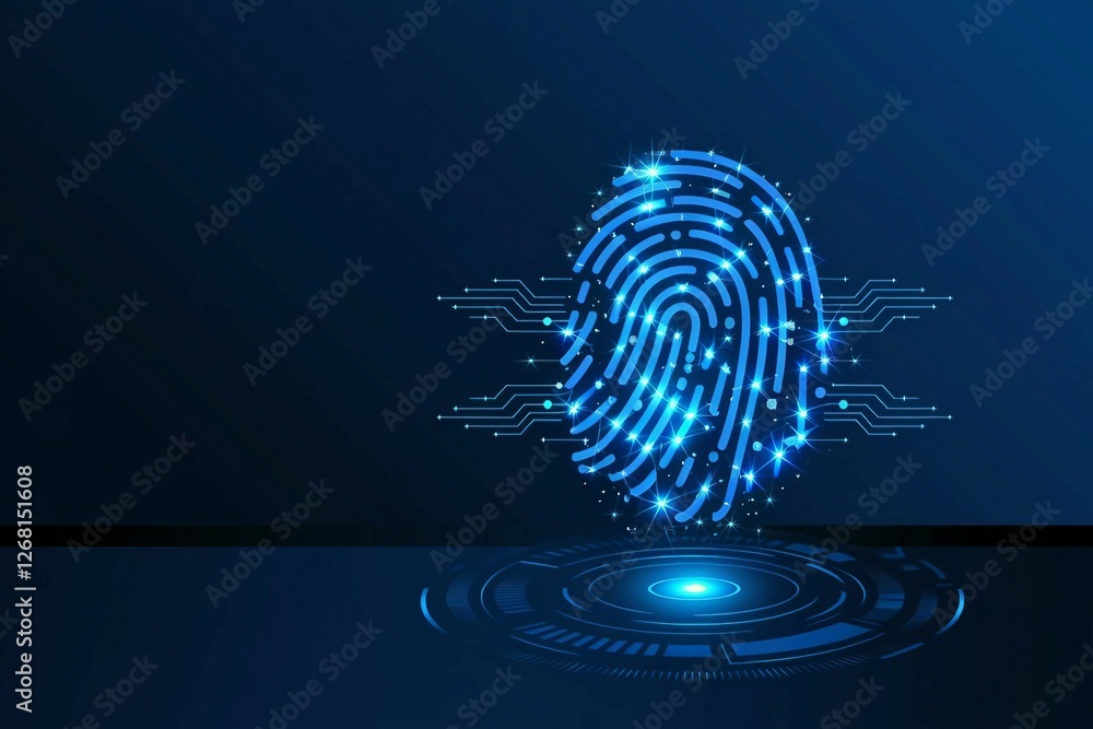 Poster high-tech digital fingerprint icon on a blue background. smart biometric authentication, artificial 