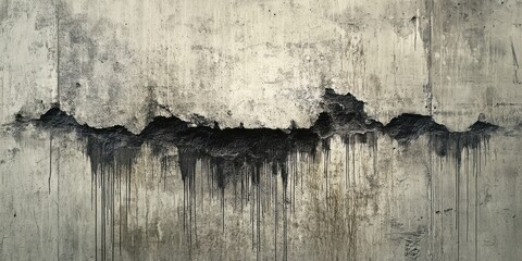 Cracked concrete wall with dark dripping substance below the crack