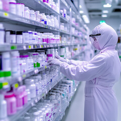 Healthcare professional organizes pharmaceuticals in a modern pharmacy setting during daylight hours production of medicines, drugs, plant
