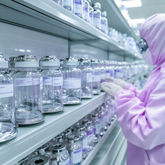 Laboratory technician organizes glass vials on shelves in clean room environment at a pharmaceutical manufacturing facility production of medicines, drugs, plant
