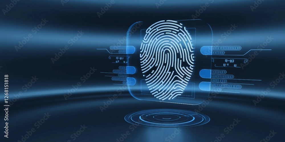 Poster high-tech digital fingerprint icon on a blue background. smart biometric authentication, artificial 
