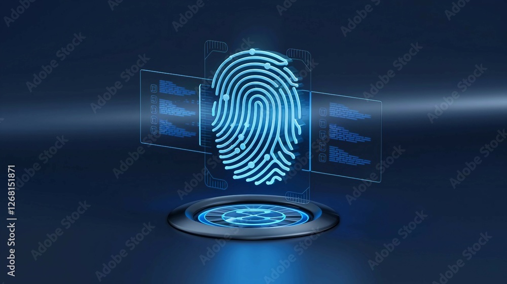 Poster high-tech digital fingerprint icon on a blue background. smart biometric authentication, artificial 