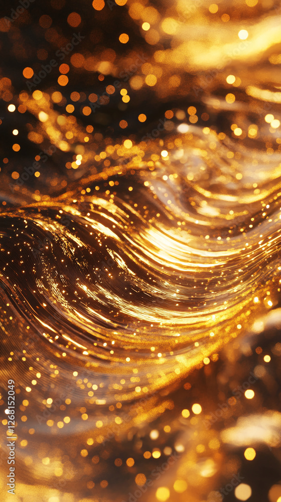 Poster A close-up view of golden waves with glittering lights creating a sparkling, dynamic effect. The image symbolizes luxury, elegance, and festivity, ideal for glamorous or celebratory contexts.