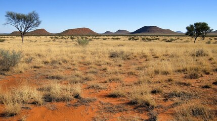 Fototapeta premium Australian Outback Landscape Featuring Sparse Vegetation and Red Hills