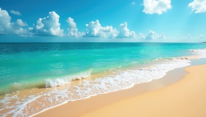 Obraz premium Golden sand meets turquoise sea, gentle waves , summer vacation, nature, calm