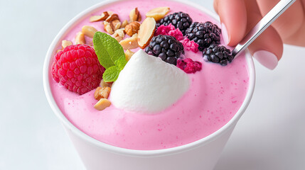 Delicious berry yogurt topped with mint and nuts served in a white cup for a fresh and healthy snack healthy food, berry dessert