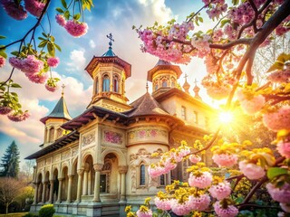 Obraz premium Bucharest Stavropoleos Monastery Double Exposure: Sunlit Spire & Blossoming Trees