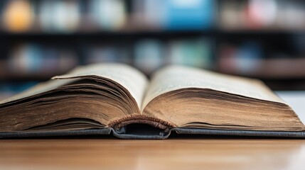 Obraz premium Open Book with Aged Pages on a Wooden Surface