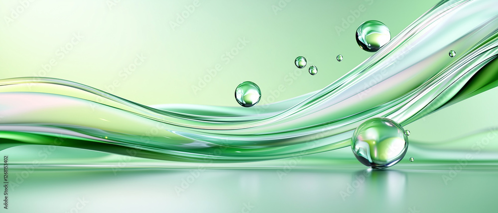 Poster flowing green waves with bubbles create a serene and harmonious atmosphere in a modern digital art c