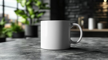 White Ceramic Mug on Gray Stone Countertop with Blurred Background Plants