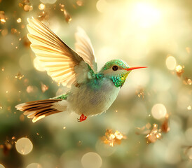 Fototapeta premium vibrant hummingbird in flight, showcasing its iridescent feathers and delicate wings, surrounded by soft, glowing background