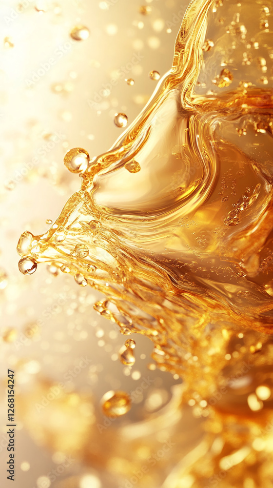 Poster close-up of golden liquid flowing with sparkling droplets, creating dynamic motion and shimmer, symb