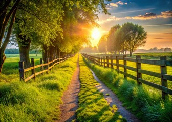 Obraz premium Charming Dutch Walking Path: Rustic Fence, Green Grass, Scenic Stroll