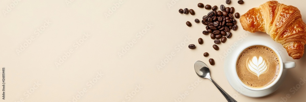 Aufkleber Enjoying coffee and croissant with coffee beans arranged on a smooth surface in a cozy setting. Generative AI