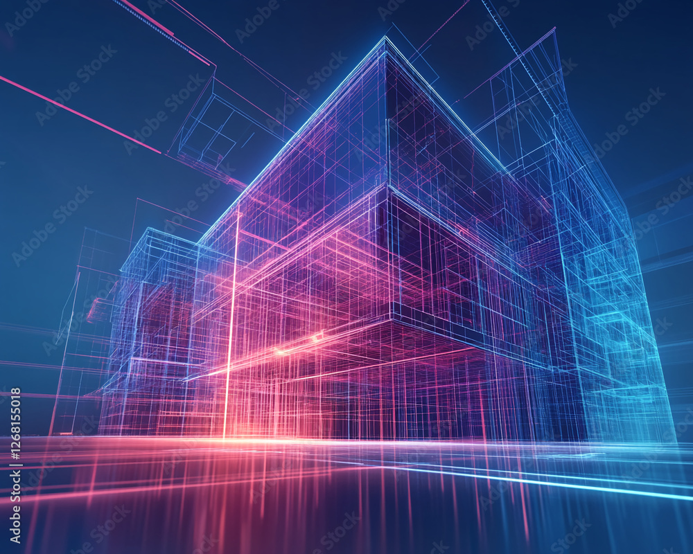 Aufkleber Abstract 3D wireframe model of a building structure with neon lights and glowing edges, representing digital architecture, innovation, and modern design