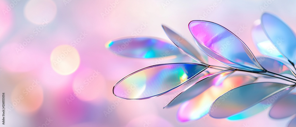 Poster decorative leaf branch with iridescent colors and soft bokeh background illuminating a dreamy aesthe