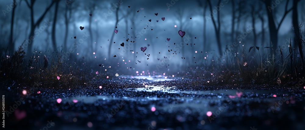 Aufkleber hearts floating in a mystical forest at dusk create an enchanting atmosphere filled with magic and w