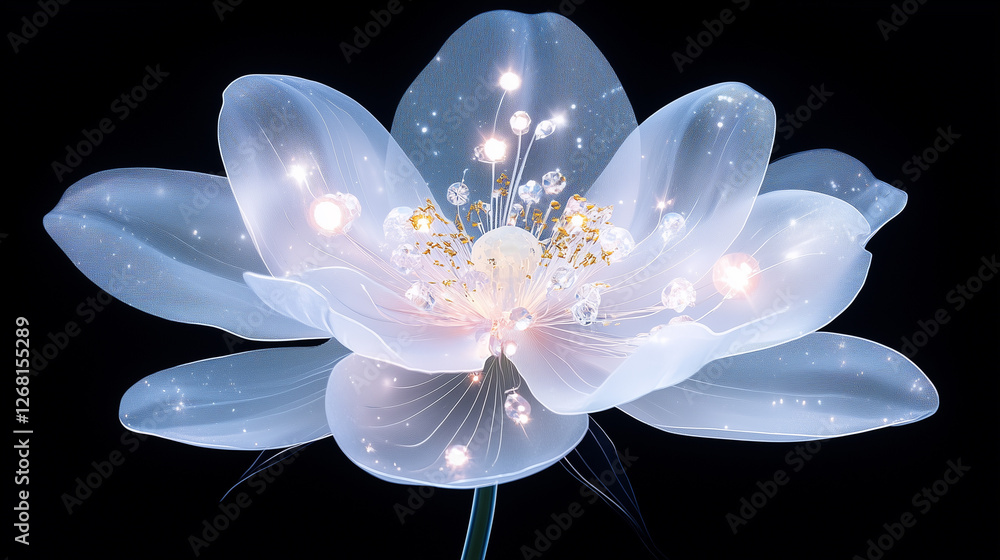 Poster ethereal luminous flower with delicate petals illuminated against a dark background creating a magic