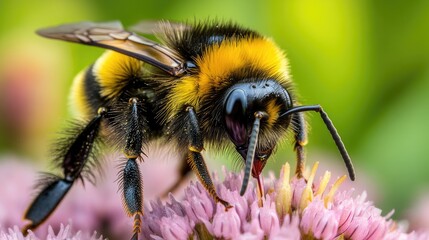 A Close-Up of a Bumblebee Feeding on a Pink Flower