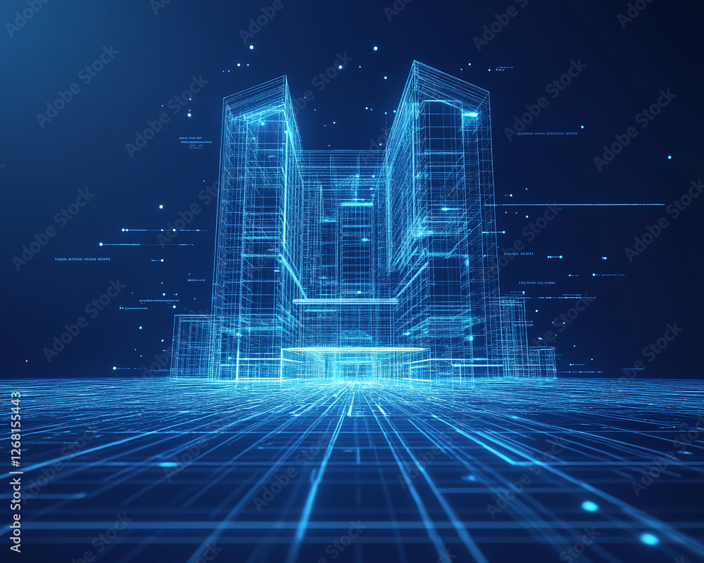 Aufkleber 3d digital wireframe model of a modern building structure glowing in blue light, symbolizing innovat