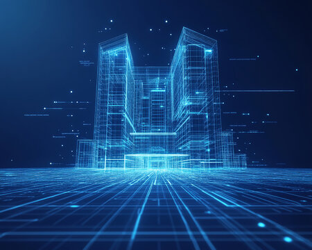 3D digital wireframe model of a modern building structure glowing in blue light, symbolizing innovation, futuristic architecture, and digital design in the construction industry