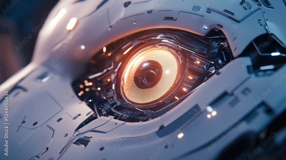 Poster close up of a glowing robotic eye surrounded by intricate futuristic circuits in a sci fi environmen