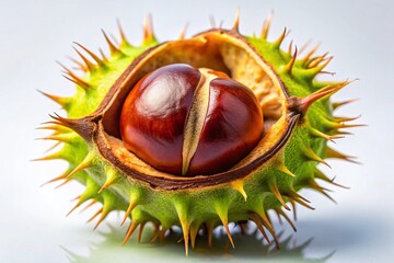 Close-up Candid Shot: Horse Chestnut Seed in Case, Isolated on White