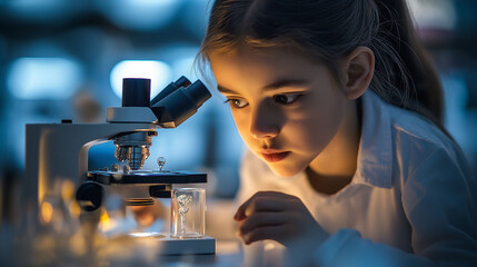 Young girl using a microscope to examine a drop of pond water, fascinated expression, soft overhead lab lighting, biology experiment, macro photography
