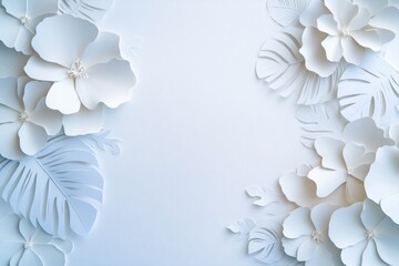 White flowers and tropical plants in a papercut style. Generative AI