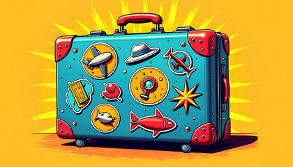 Colorful suitcase with travel stickers on vibrant background