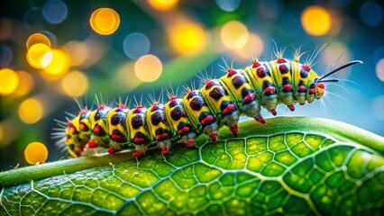 Close-Up Macro Shot of Caterpillar on Green Leaf with Bokeh Background - Stock Photo